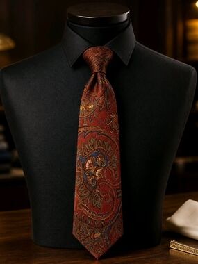 Brooks Brothers Red Paisley Silk Tie with Gold and Blue Accents (1067)